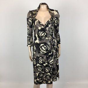Diane Von Furstenberg Black and Cream Floral Wrap Dress - Mini